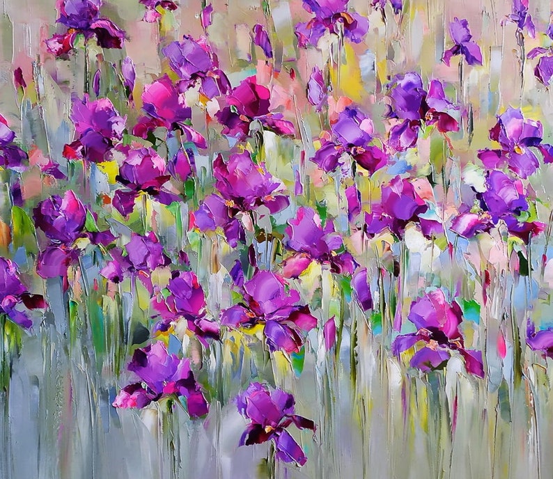 Large abstrac flower oil painting, Iris flower painting, Purple wildflower art, Irises oil painting, Modern floral painting impasto wall art