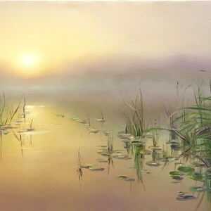 May include: A painting of a misty sunrise over a lake with lily pads. The sun is a bright yellow circle in the sky, and the water is a soft, golden color. The lily pads are green and scattered across the surface of the water.