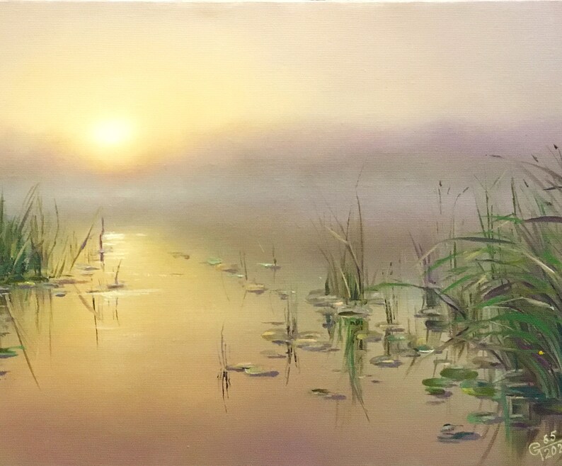 May include: A painting of a misty sunrise over a lake with lily pads. The sun is a bright yellow circle in the sky, and the water is a soft, golden color. The lily pads are green and scattered across the surface of the water.