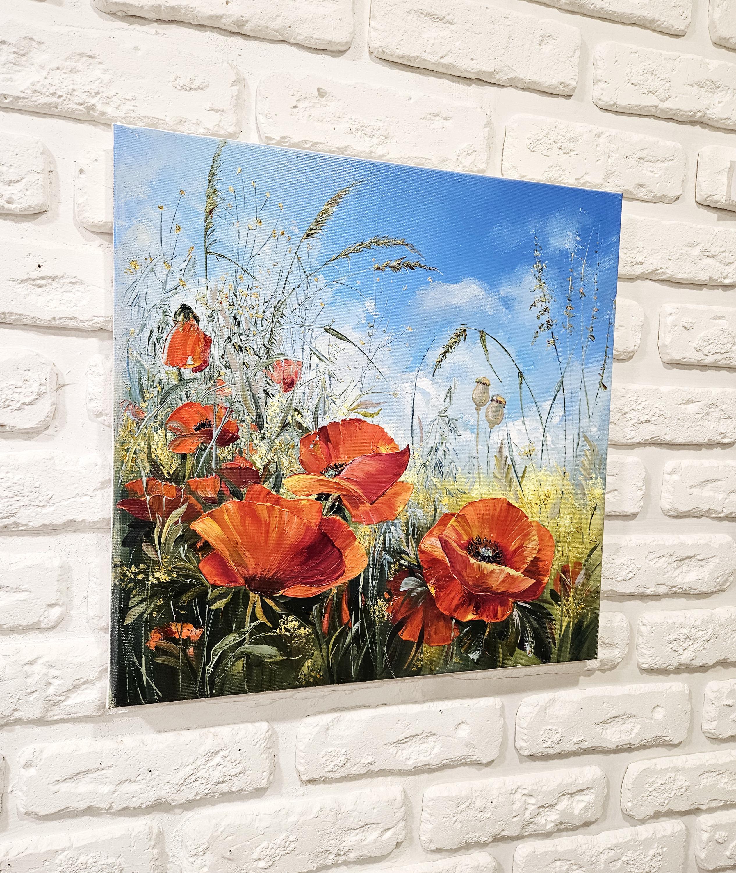 オリジナルのポピーの花の絵画、ポピーの花のアートキャンバス