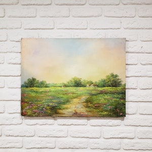 Summer countryside landscape artwork, Flower field art painting, Floral meadow wall art, Wildflower canvas art, Rural farmhouse oil painting