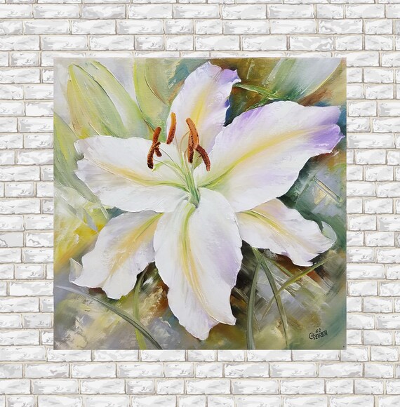 White Lily Painting Original White Flower Art Set Lilies Oil