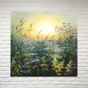 Meadow landscape oil painting original, Wildflowers canvas art, Summer landscape painting, Grassland painting, Sunrise painting canvas