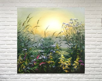 Meadow landscape oil painting original, Wildflowers canvas art, Summer landscape painting, Grassland painting, Sunrise painting canvas