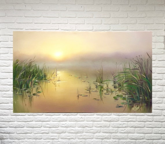 Foggy landscape painting oil, River painting, Coastal painting original, Nature painting with oil, Morning lake painting for bedroom wall