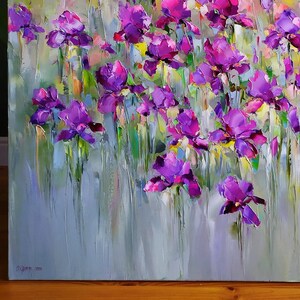Large abstrac flower oil painting, Iris flower painting, Purple wildflower art, Irises oil painting, Modern floral painting impasto wall art