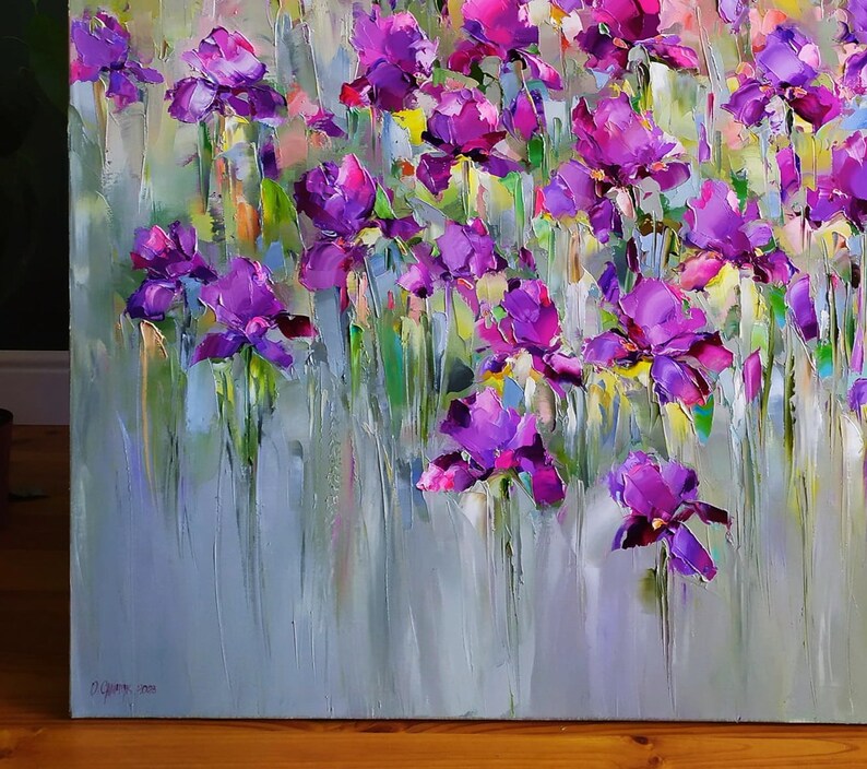 Large abstrac flower oil painting, Iris flower painting, Purple wildflower art, Irises oil painting, Modern floral painting impasto wall art
