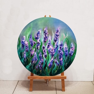 Lavender meadow painting original, Lavender field oil painting, Lavender flower painting, Round artwork on easel, Pink wildflowers artwork