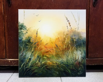 Meadow landscape oil painting original, Wildflowers canvas art, Summer landscape painting, Grassland painting, Sunrise painting canvas