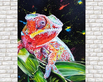 Chameleon painting, Lizart artwork, Reptile painting, animal art painting colorful, Jungle animal painting, Tropical canvas painting