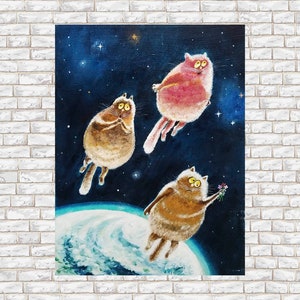 Whimsical cat paintings original, Funny cat painting, Funny cat gifts, Humor art, Colorful cat wall art, Surreal animal art, Kitten painting