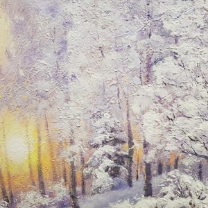Pintura de paisaje de bosque nevado original, pintura al óleo de naturaleza invernal, lienzo de arte de árbol blanco, pinturas al óleo de nieve, pintura de amanecer de invierno imagen 7