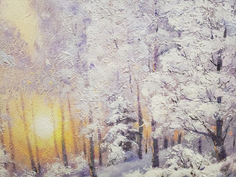 Pintura de paisaje de bosque nevado original, pintura al óleo de naturaleza invernal, lienzo de arte de árbol blanco, pinturas al óleo de nieve, pintura de amanecer de invierno imagen 7