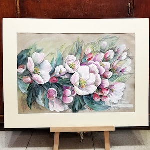 Pintura de flor de maçã, Pintura de árvore florescendo branca, Pintura em aquarela de flores brancas floral, Pintura de ramo florescendo, Flores de natureza morta