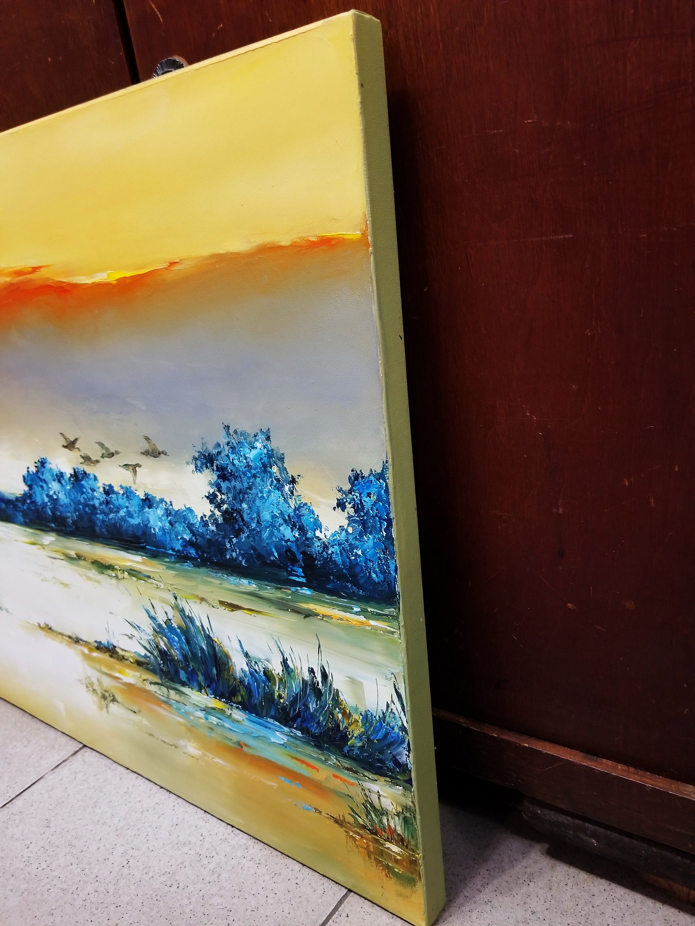 Large Sunset Painting Oil Landscape, Orange Sunset on the Lake Art ...