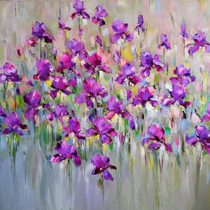 "Iris flower field" is Large colorful abstrac flower oil painting on canvas. 
Iris flower painting, Purple wildflower art, Irises oil painting, Modern floral painting impasto wall art. Stylish wall art decor for bedroom. Bright painting for living room.