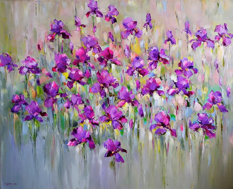 "Iris flower field" is Large colorful abstrac flower oil painting on canvas. 
Iris flower painting, Purple wildflower art, Irises oil painting, Modern floral painting impasto wall art. Stylish wall art decor for bedroom. Bright painting for living room.