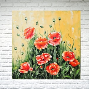 Poppies original painting of meadow, Red poppy oil painting of flowers, Original wildflower oil painting of poppies on canvas poppy art