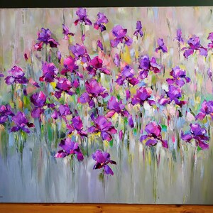 "Iris flower field" is Large colorful abstrac flower oil painting on canvas. 
Iris flower painting, Purple wildflower art, Irises oil painting, Modern floral painting impasto wall art. Stylish wall art decor for bedroom. Bright painting for living room.