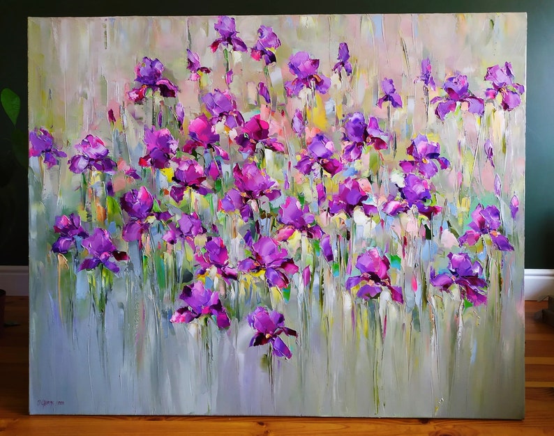 "Iris flower field" is Large colorful abstrac flower oil painting on canvas. 
Iris flower painting, Purple wildflower art, Irises oil painting, Modern floral painting impasto wall art. Stylish wall art decor for bedroom. Bright painting for living room.