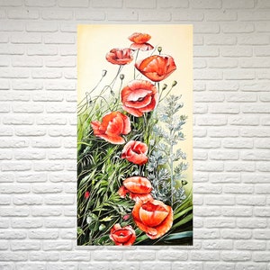 Small red poppy flower painting, Poppies still life paintings original floral art work Poppy field oil painting Wildflower original art tall