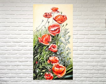 Kleine rote Mohnblumenmalerei, Mohnblumen-Stilllebengemälde Blumenkunstwerk Mohnfeld-Ölgemälde Wildblumen originale Kunst hoch