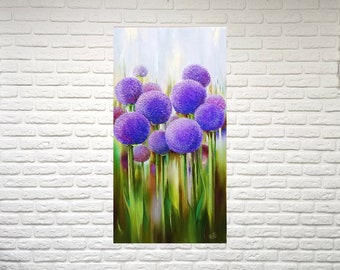 Langes vertikales Blumenbild, Allium malerei, Allium blumenkunst, Allium decor Blaue Blumenkunstwerk für Wohnzimmer Abstrakte Blumenkunstleinwand