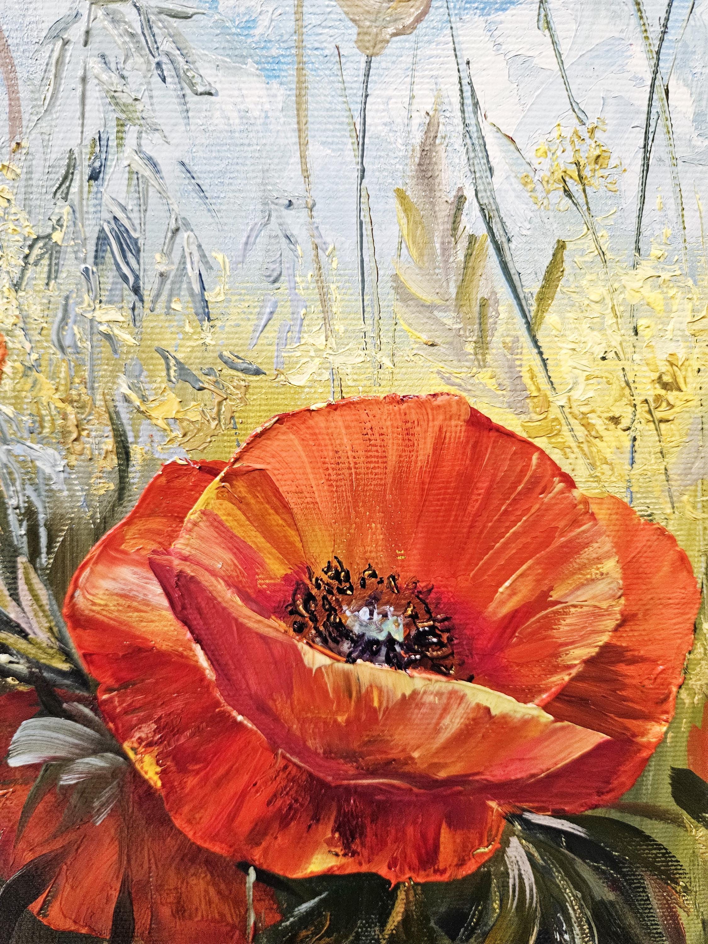 オリジナルのポピーの花の絵画、ポピーの花のアートキャンバス
