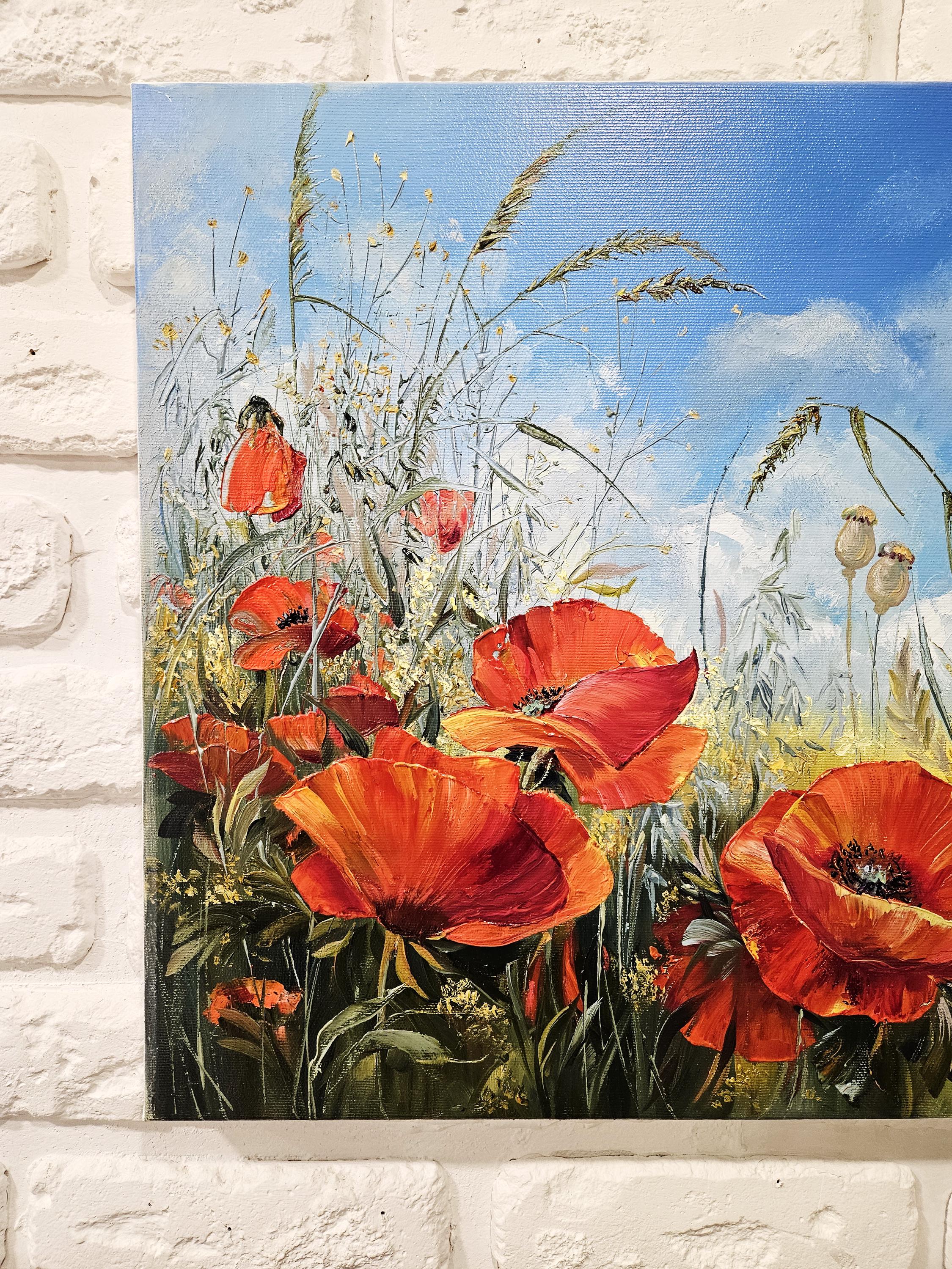 オリジナルのポピーの花の絵画、ポピーの花のアートキャンバス