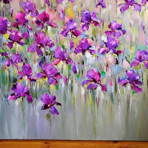 Large abstrac flower oil painting, Iris flower painting, Purple wildflower art, Irises oil painting, Modern floral painting impasto wall art