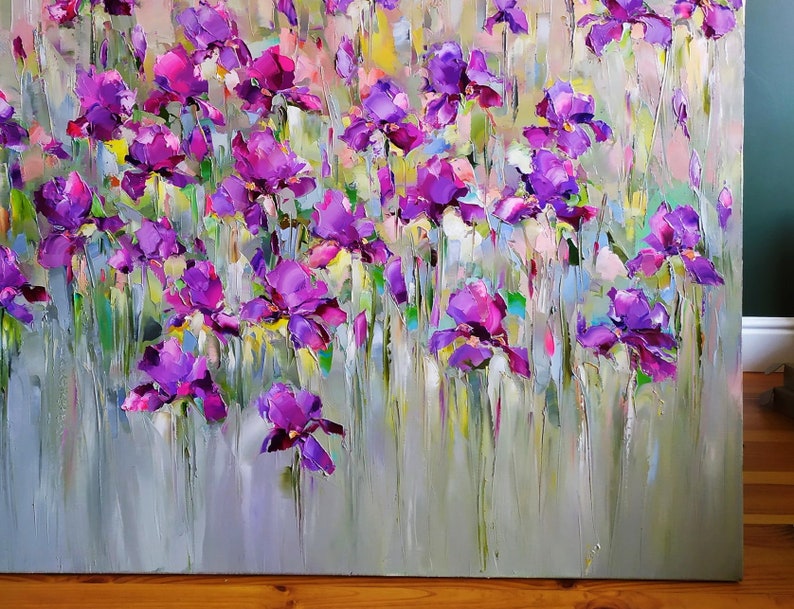 Large abstrac flower oil painting, Iris flower painting, Purple wildflower art, Irises oil painting, Modern floral painting impasto wall art