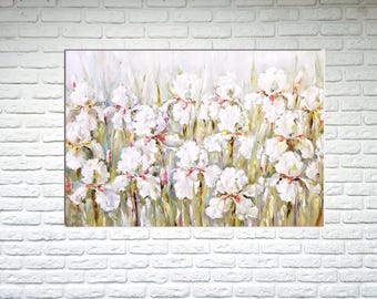 Iris original oil painting of meadow, Iris canvas white flower, Irises wall art painting Iris flower art paint canvas Large floral landscape