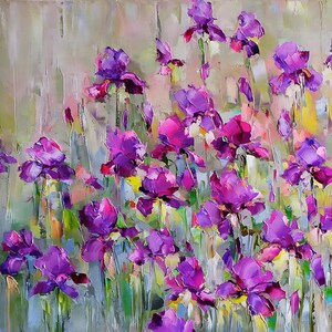 Large abstrac flower oil painting, Iris flower painting, Purple wildflower art, Irises oil painting, Modern floral painting impasto wall art