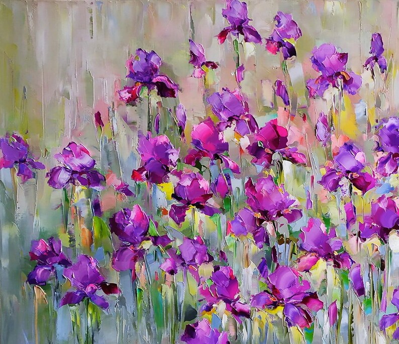 Large abstrac flower oil painting, Iris flower painting, Purple wildflower art, Irises oil painting, Modern floral painting impasto wall art