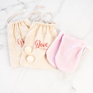 Makeup remover glove with water only (set of 2 pink with carrying bag and soap), natural, ecological and societal makeup remover.