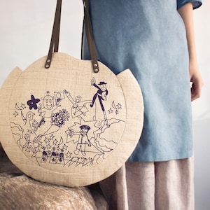 Handmade Large Tote Bag - Hemp bag with leather strap. Limited edition
