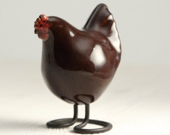 Brown Ceramic Chicken | Handmade Decorative Bird | Country Decor