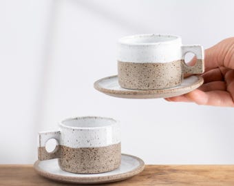 BASALT Ceramic Espresso Cups with Saucers - Set of 2 - Handmade