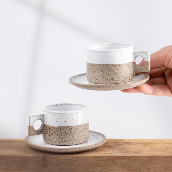 BASALT Ceramic Espresso Cups with Saucers - Set of 2 - Handmade