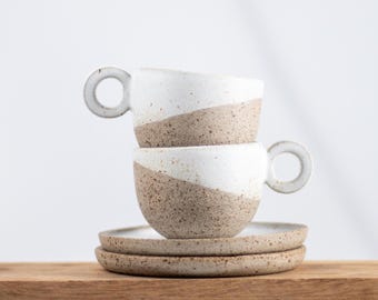 RING Ceramic Espresso Cups with Saucers - Set of 2 - Handmade