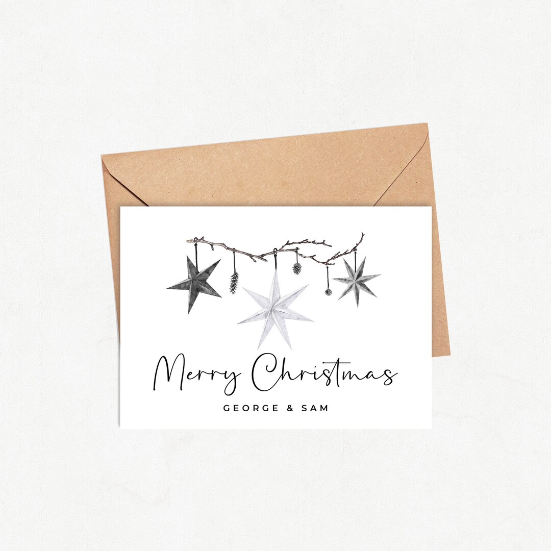 Christmas Card Family Personalised Stars, Packs of 1, 5 10 Rustic Boho