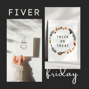 May include: Two printable Halloween cards. The first card features a white ghost with the text "Trick or Treat". The second card features a wreath of leaves with a witch's hat, candy, and a broom with the text "Boo Trick or Treat".