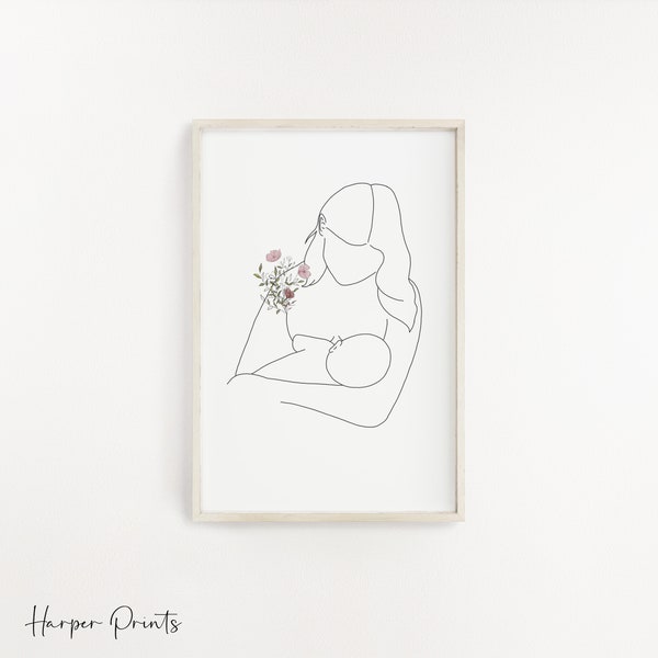 Breast feeding Line Drawing Print /Mother and Baby Breastfeeding / newborn gift/ Welcome to the world/ Son and Daughter