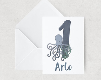 Personalised 1st / First Birthday Card  / Girl Boy Greetings Card / Keepsake / Gift / Octopus  / Sea Fish / Present