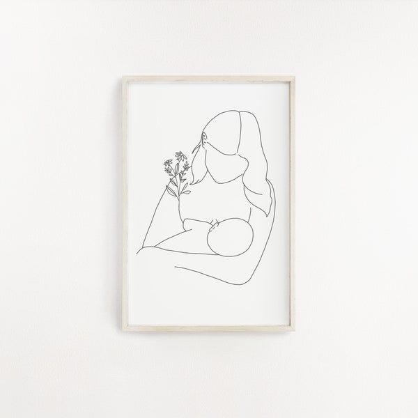 Breast feeding Line Drawing Print /Mother and Baby Breastfeeding / newborn gift/ Welcome to the world/ Son and Daughter