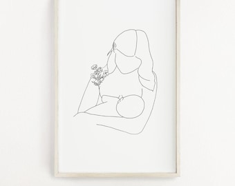 Mother and Baby Line Art Print: Breastfeeding Newborn Gift