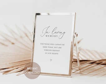 Puede incluir: Un letrero con marco plateado con las palabras "In loving memory" en una elegante escritura. El texto de abajo dice: "Para aquellos que no pueden estar aquí hoy, pero que están siempre presentes en nuestros corazones". Un pequeño símbolo de corazón en la parte inferior.