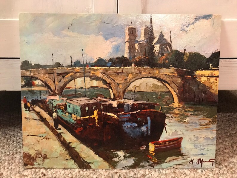 Canal Scene vintage lithograph by M Martin