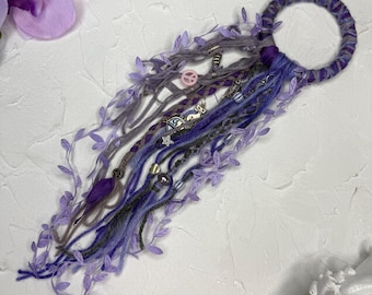 Lavender Lilac Gray Boho Hair Ring with Charms and Beads – Festival Hair Jewelry