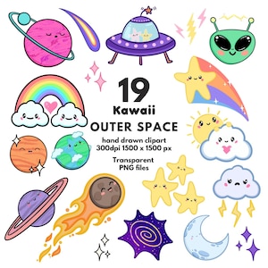 Kawaii Outer Space Digital Stickers, Hand Drawn Clipart | Digital Download | Transparent PNG Files